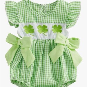 Smocked Gingham Baby Bubble Romper with Embroidered Clover - NEW - 12-18 Months